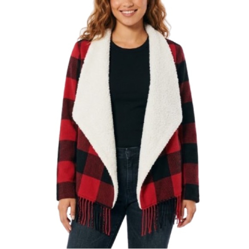 Hollister Womens Buffalo Plaid Red Black Sherpa Fleece Open Fringe Jacket Medium